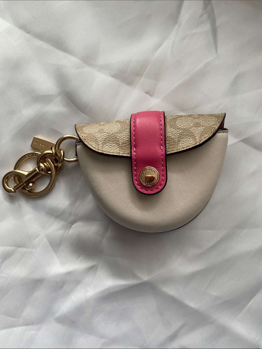 Coach Beige and Pink Mini Coin Pouch Keychain